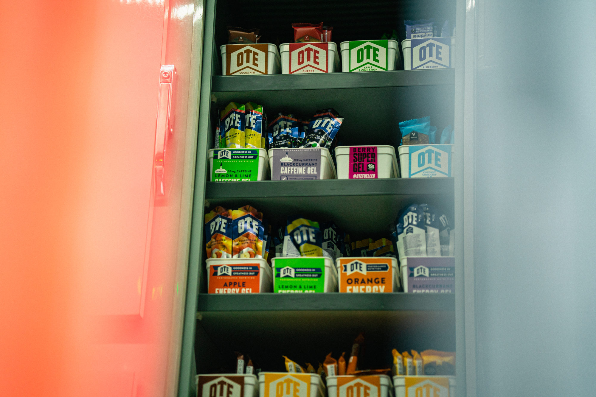 Cupboards on the team bus packed with Tour de France nutrition.